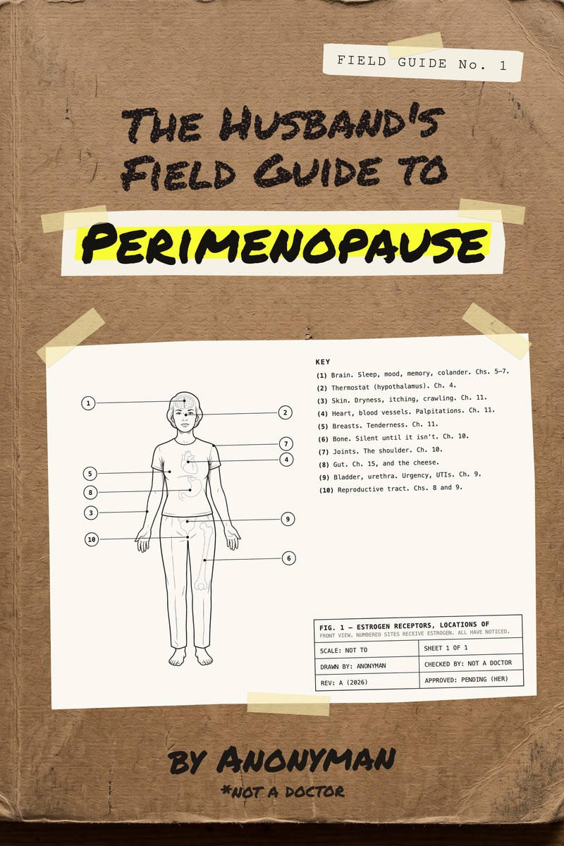 The Husband's Field Guide to Perimenopause: a kraft field notebook with a taped-on anatomical plate and a label reading Perimenopause